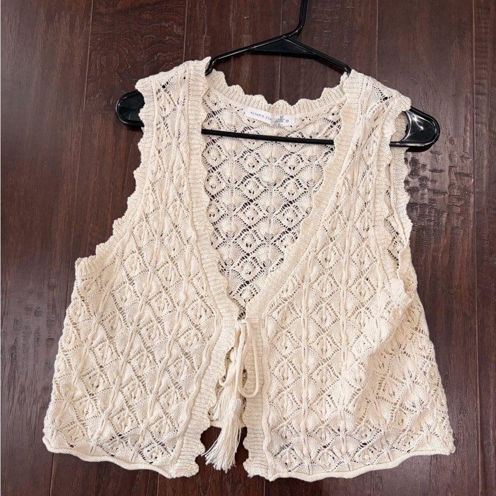 Altar'd State Ivory Crochet Tie Front Top